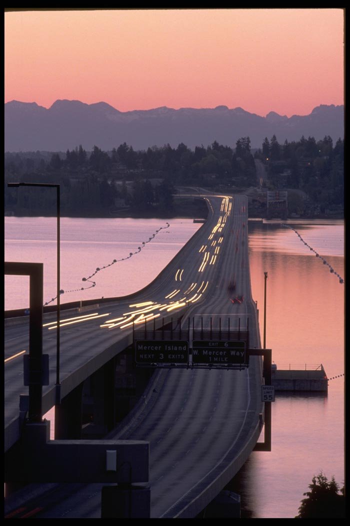 001050 Dawn On Floating Bridge With Headlights A4 Photo Print