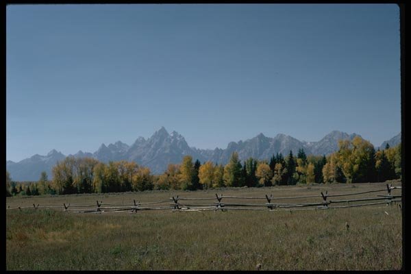 002092 Old Fence, Fall Trees, Mountain Range A4 Photo Print