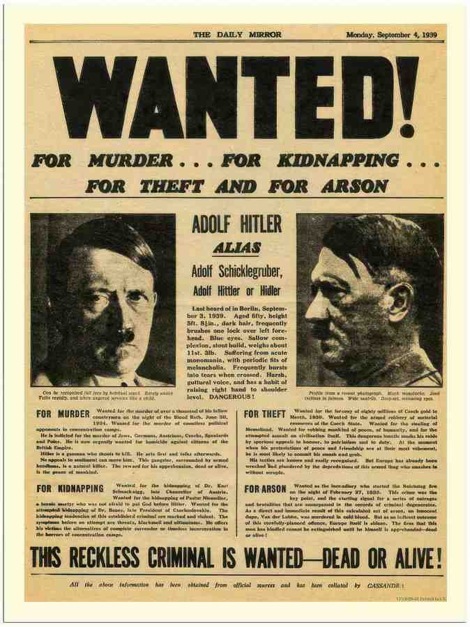 01 wanted hitler war newspaper 1939 2 Vintage Advert A4 Photo Print