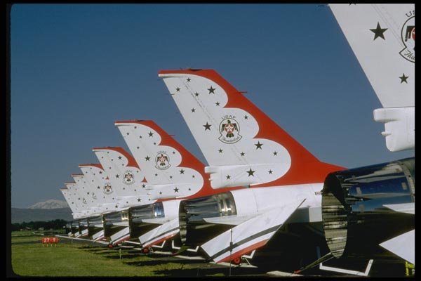 010041 Thunderbird F 16s, Tails, On Ground A4 Photo Print