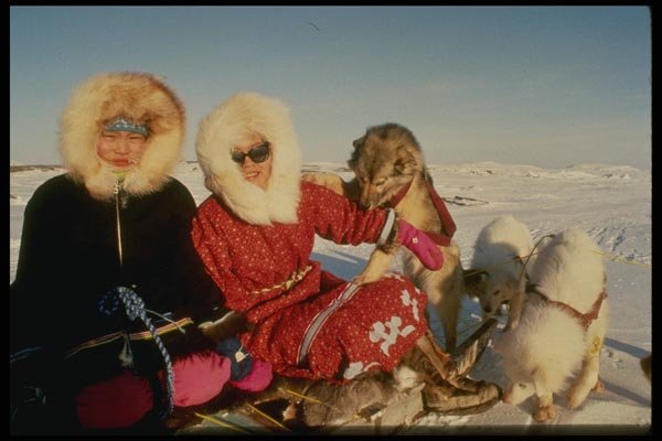 014082 Inuit Girls With Their Dogs A4 Photo Print