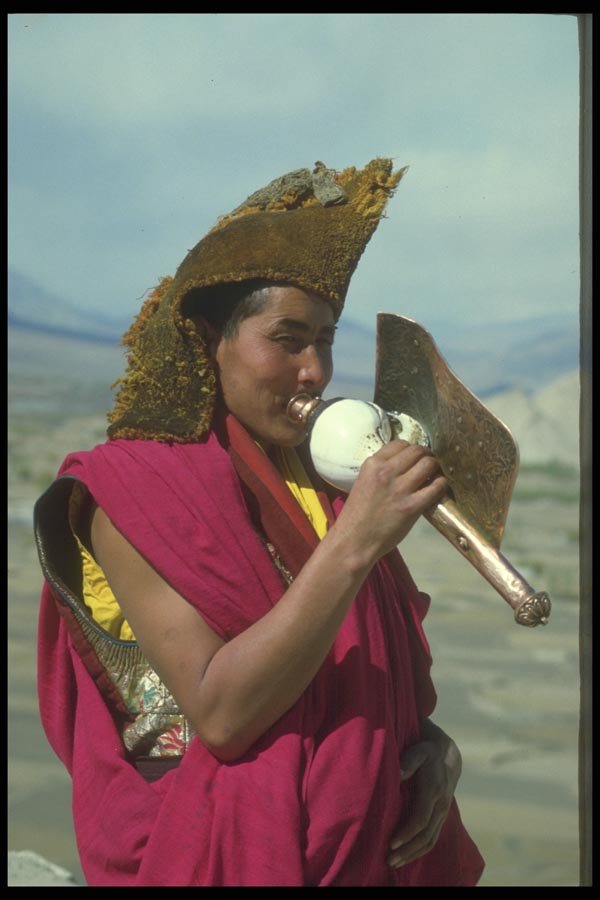 020000 Buddhist Monk Playing Conch A4 Photo Print