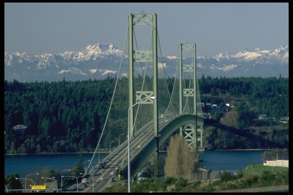 022008 Suspension Bridge With Mountain Range A4 Photo Print