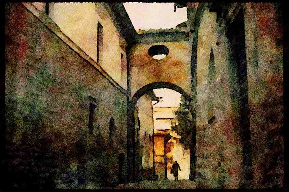 022020 Covered Foot Bridge Connecting Buildings A4 Limited Edition Watercolour Print