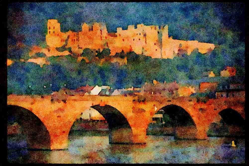 022026 Stone Arched Bridge With Castle Behind A4 Limited Edition Watercolour Print