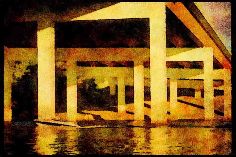 022034 Beams Supporting Bridge, With Boat A4 Limited Edition Watercolour Print