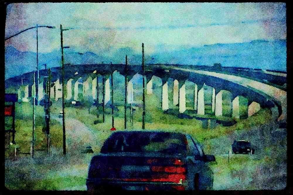 022046 Beamed Overpass With Mountains A4 Limited Edition Watercolour Print