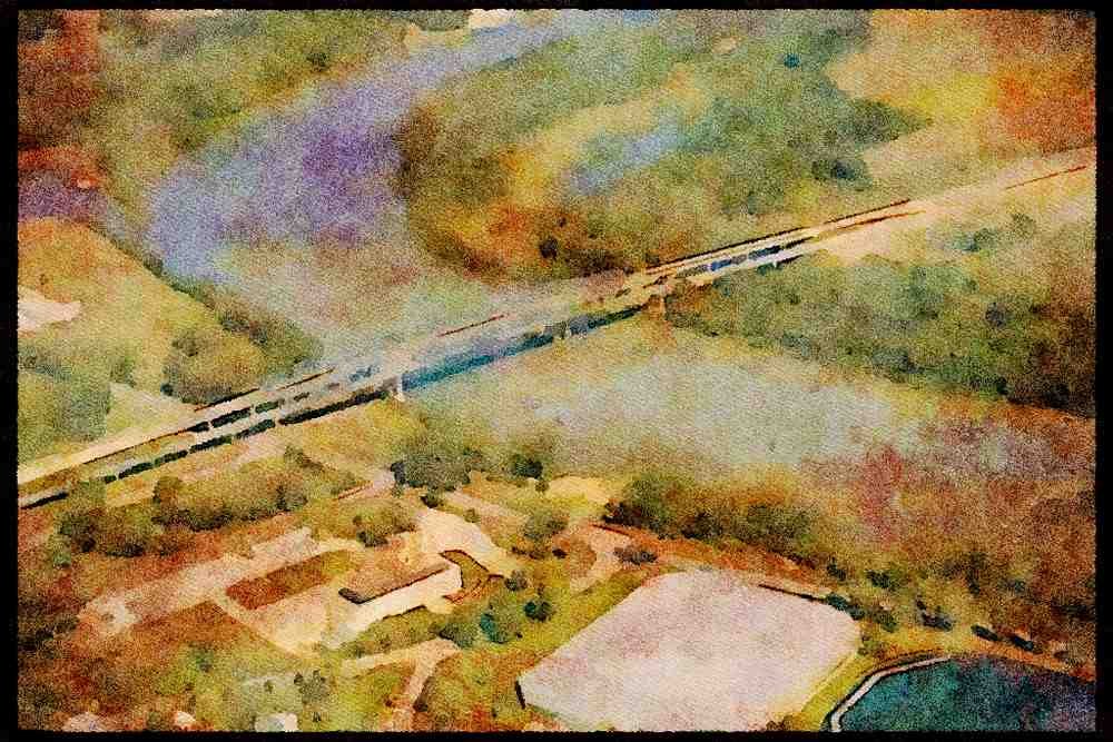 022047 Cantilever Bridge Over Curved River A4 Limited Edition Watercolour Print