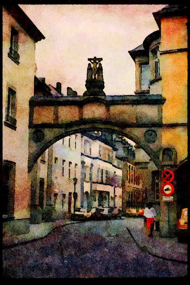 022052 Arched Foot Bridge With Crucifix A4 Limited Edition Watercolour Print