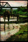 022065 End Of Trussed Railroad Bridge And Heron A4 Limited Edition Watercolour Print