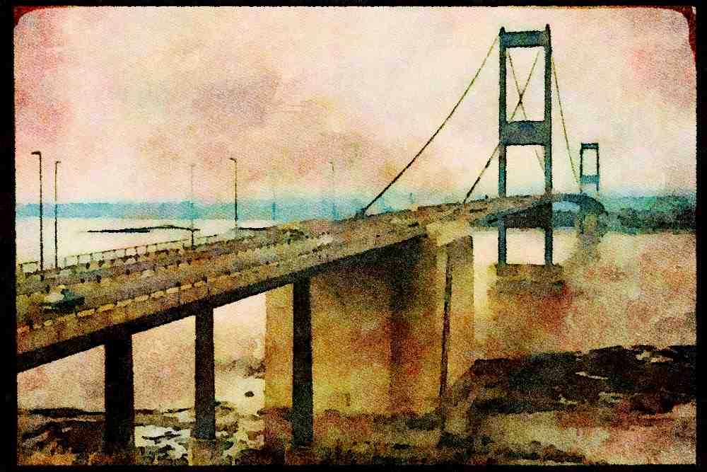 022067 Suspension Bridge At Low Tide A4 Limited Edition Watercolour Print