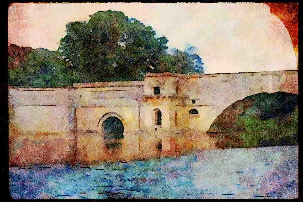 022073 Stone Arched Bridge With Side Tunnel A4 Limited Edition Watercolour Print