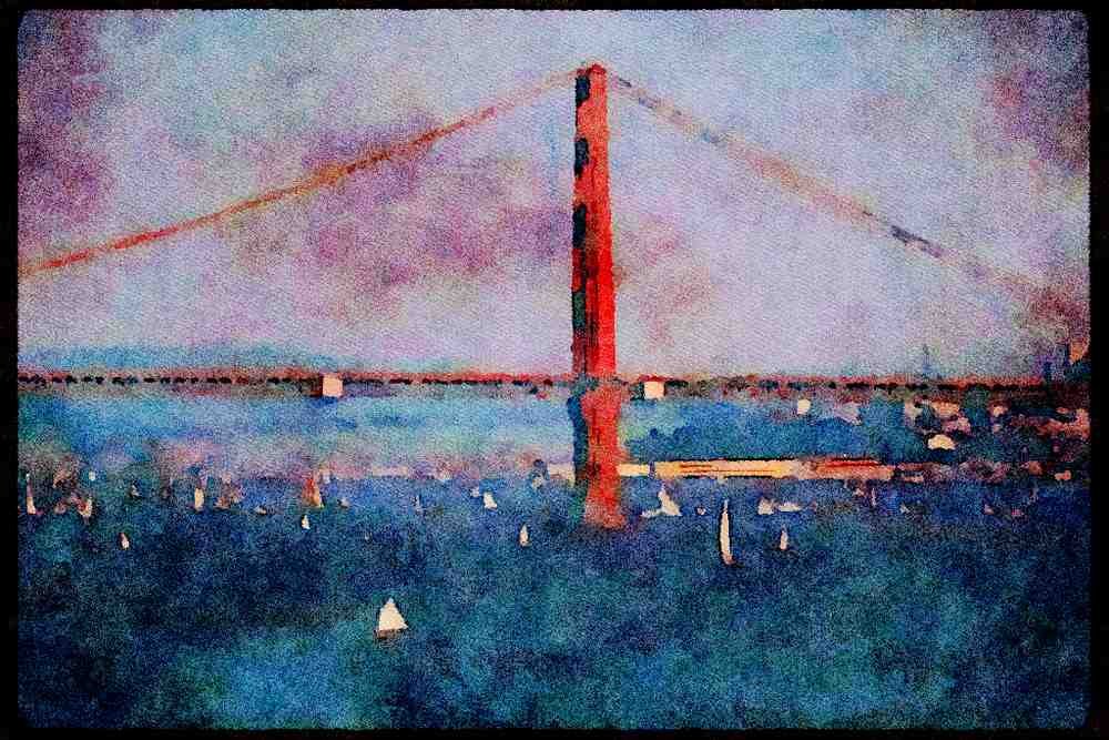 022074 Red Suspension Bridge With Sailboats A4 Limited Edition Watercolour Print