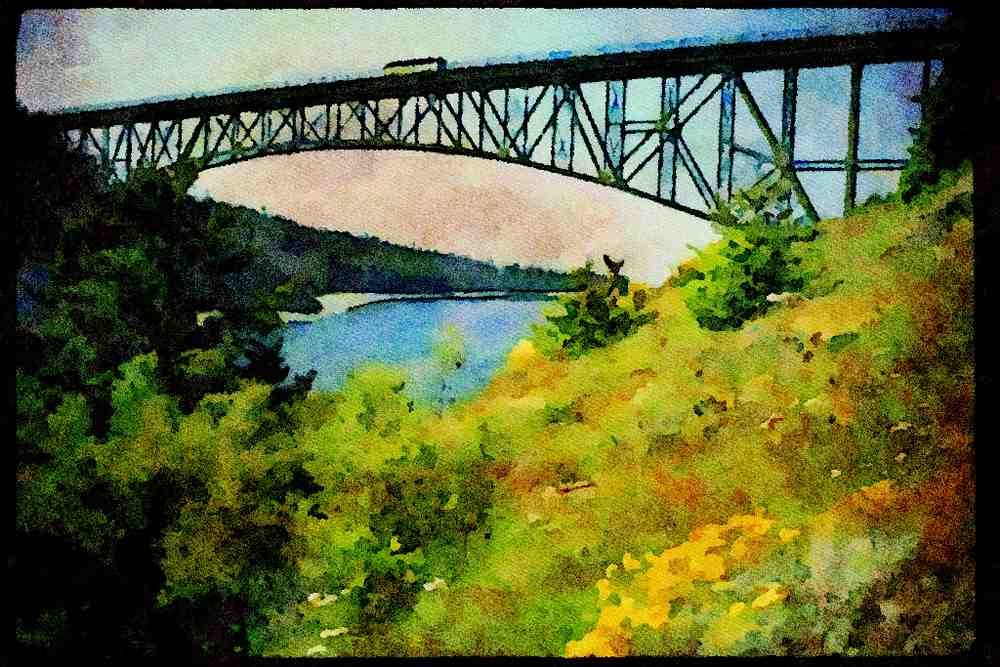 022076 Steel Arched Bridge, Wildflowers On Bank A4 Limited Edition Watercolour Print