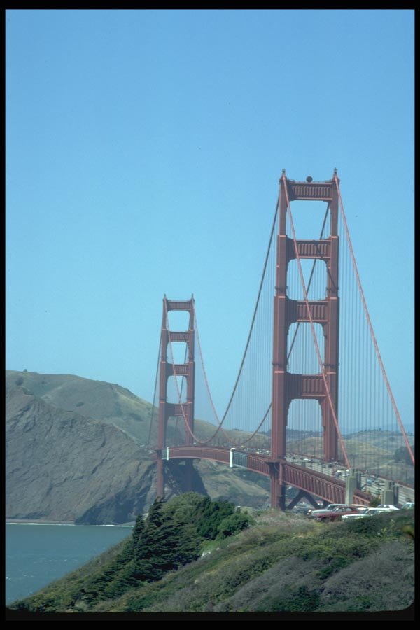 022077 Red Suspension Bridge From End A4 Photo Print