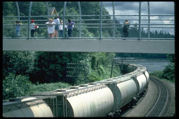 022096 People On Foot Bridge Over Railroad Cars A4 Photo Print