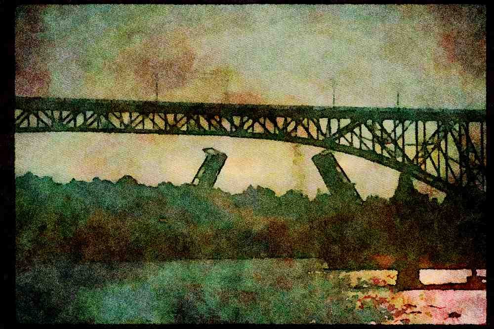 022098 Steel Arched Bridge With Drawbridge Behind A4 Limited Edition Watercolour Print