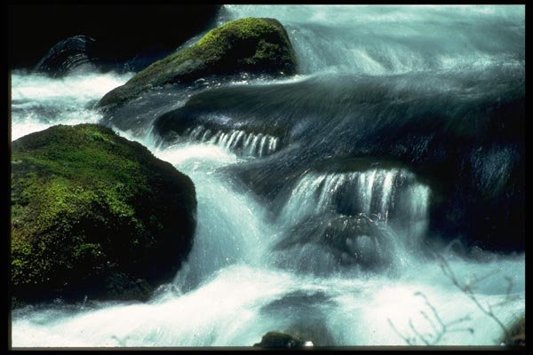 026057 Rushing Water, Mossy Rocks A4 Photo Print