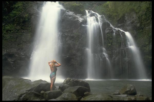 027027 Bather At Waterfall Pool A4 Photo Print