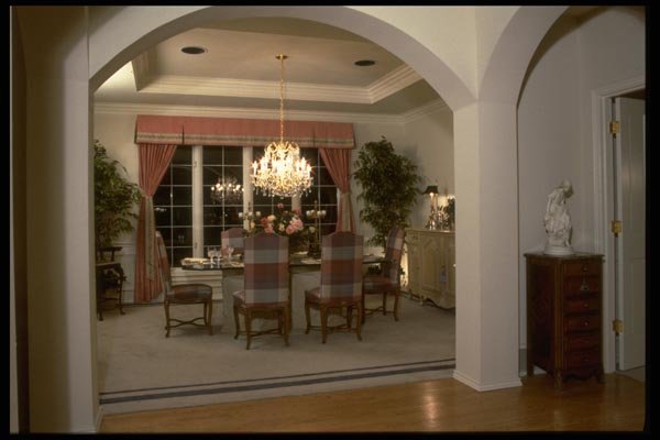 031069 Dining Room With Plaid Chairs, Chandelier A4 Photo Print