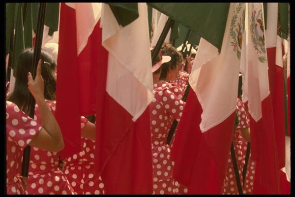 053002 Girls Carrying Flags, Independence Day Parade A4 Photo Print