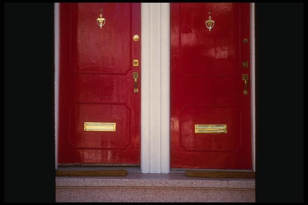 059077 Red Doors With Door Knockers A4 Photo Print