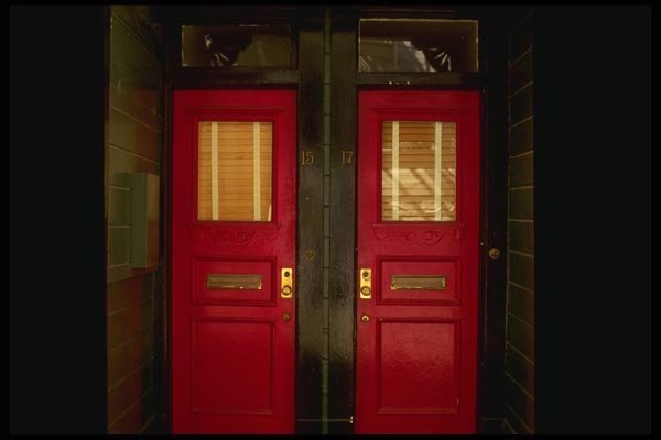 059082 Shades Of Red Doors, Matted A4 Photo Print