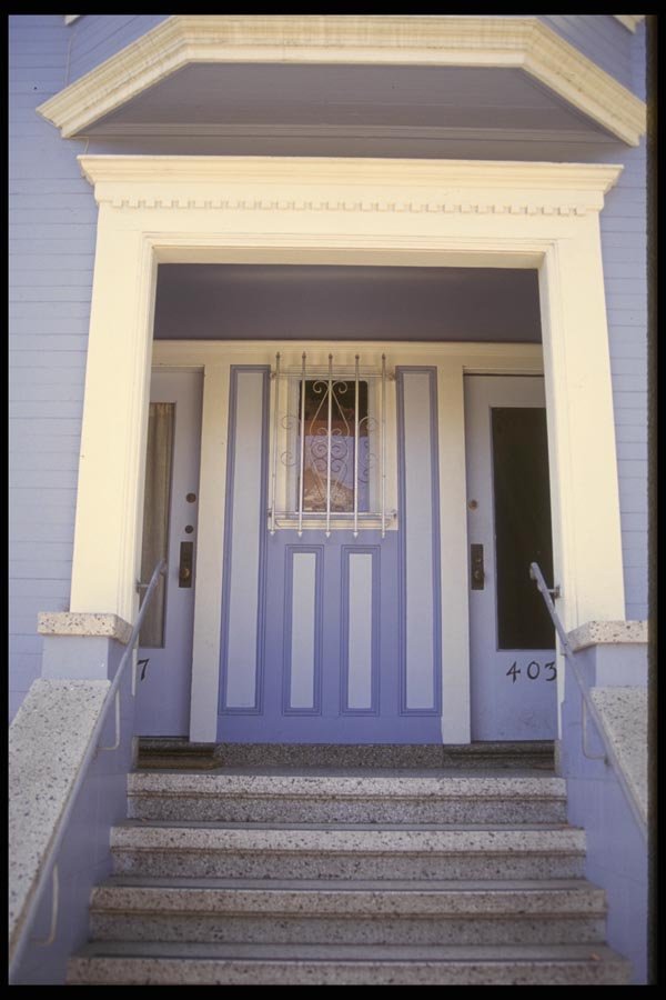 059090 Three Blue Doors Framed In White A4 Photo Print