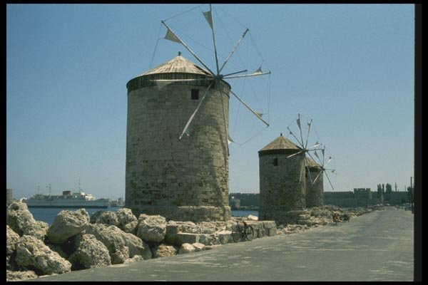 067058 Windmills Lindos Harbor, Rhodes A4 Photo Print