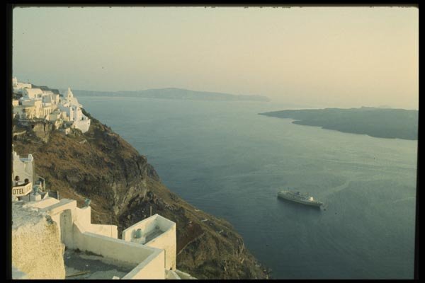 067082 Volcanic Harbor From Phira, Thera A4 Photo Print
