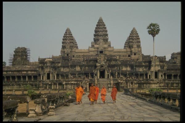 076004 Orange Robed Monks At Angkorwat A4 Photo Print