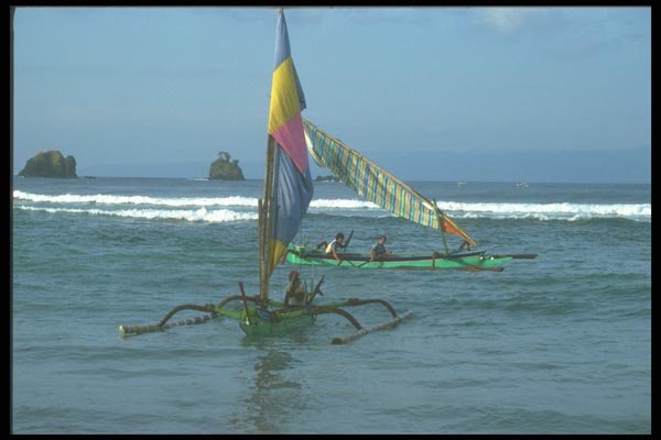 083089 Outrigger Canoe Landing At Shore Near Candidasa A4 Photo Print