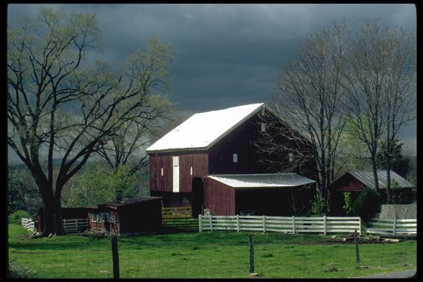 097009 Red Barn With White Gingerbread Roof A4 Photo Print