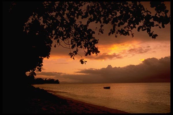101051 Sunset, Beach And Boat Taveuni Island A4 Photo Print