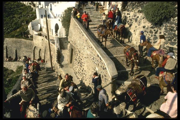 118004 Donkeys Transport Visitors Up A Zig Zag Road To Thera A4 Photo Print