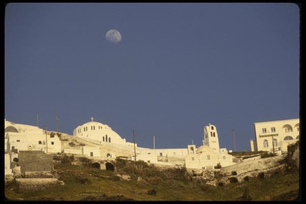 118005 Moon Rises Above Thera's Chapels A4 Photo Print