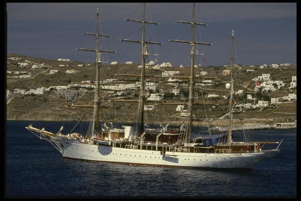 118009 A Four Masted Sailing Ship Off Shore Mykonos A4 Photo Print
