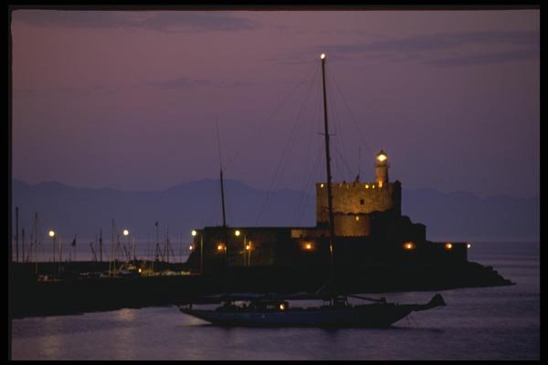 118065 Rhodes' Fortified Lighthouse At Dusk A4 Photo Print