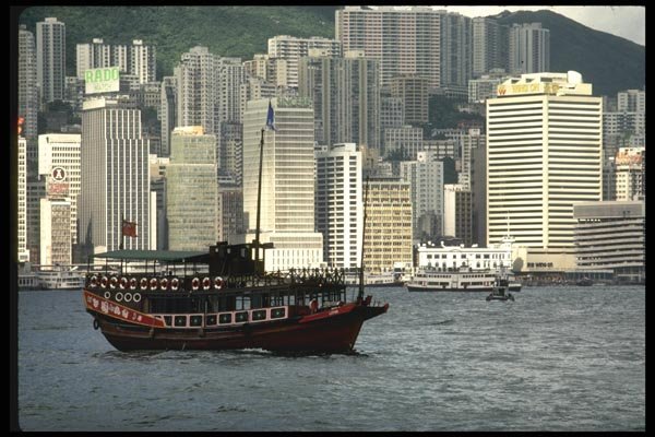 120028 Chinese Tour Boat In Harbor, Skyline In Background A4 Photo Print