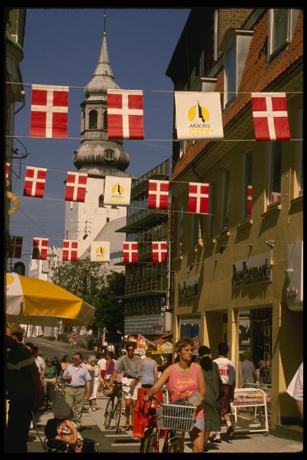121062 Pedistrian Street With Flags, Aalborg A4 Photo Print