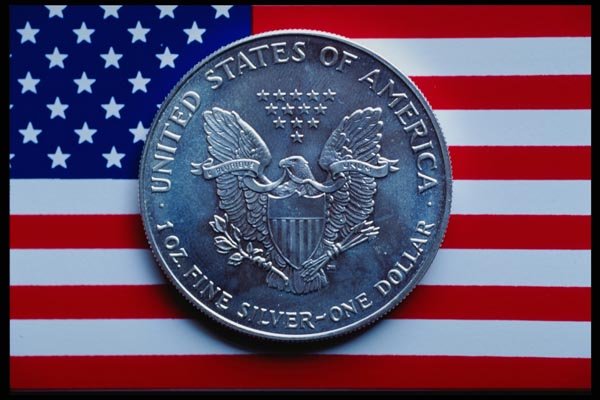 125000 Silver Dollar On US Flag A4 Photo Print