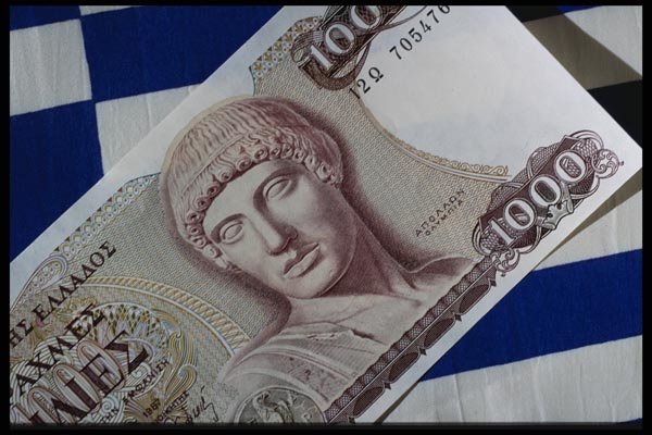125047 Greek Bill On Greek Flag A4 Photo Print