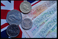 125057 British Bills And Coins On Flag A4 Photo Print