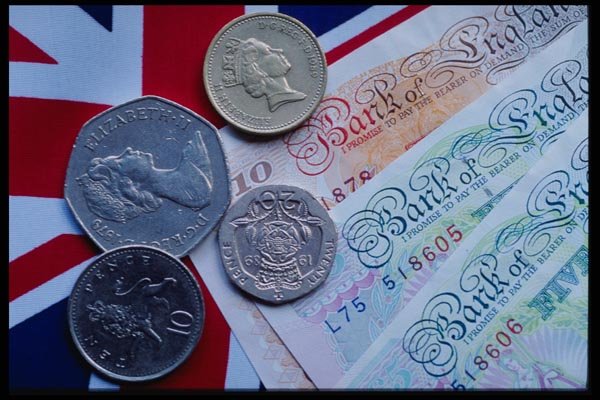 125057 British Bills And Coins On Flag A4 Photo Print