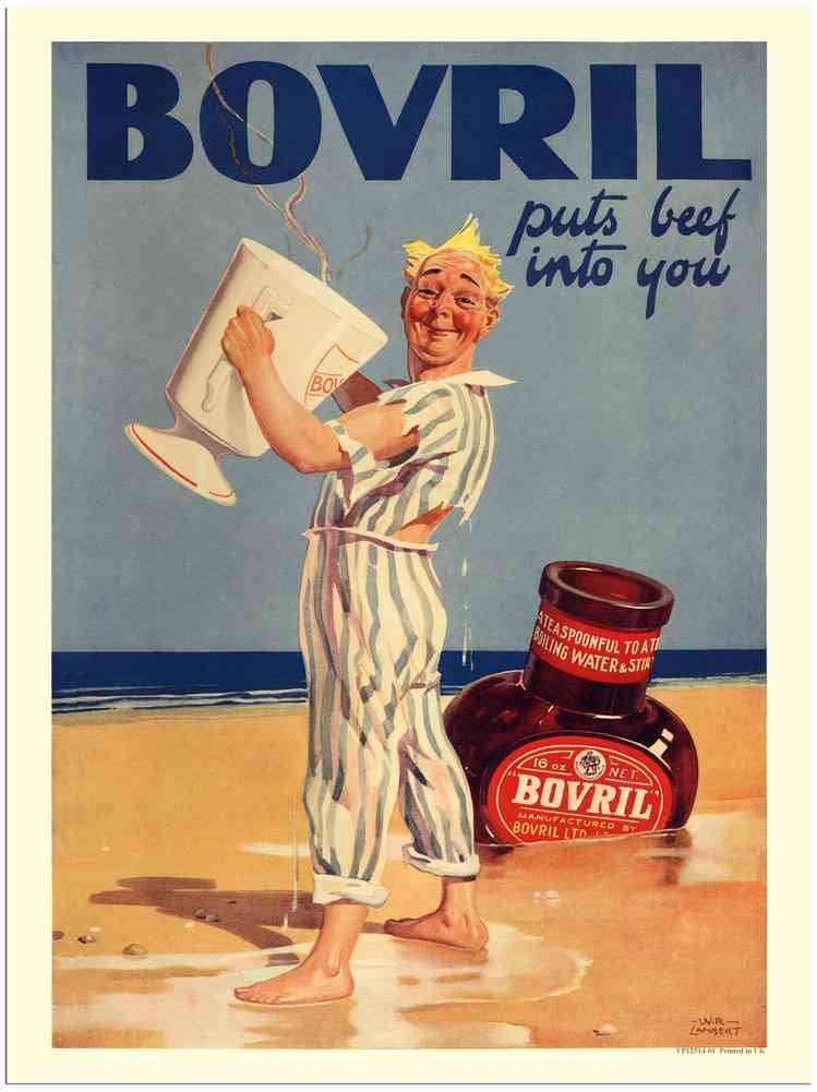 12514 01 Bovril Puts Beef Into You Man On Beach 1925 advert A4 Photo Print