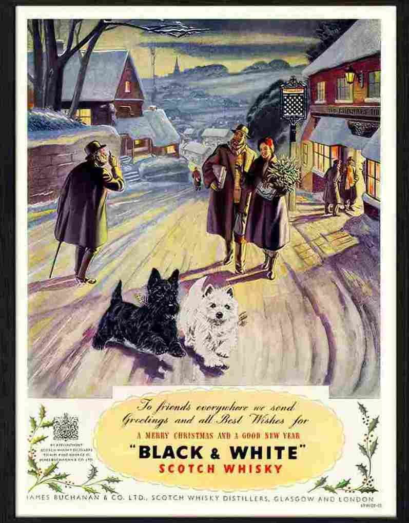 128 05 black and white dogs whisky 1949 christmas Advert A4 Photo Print
