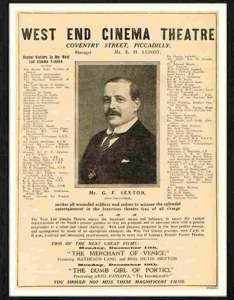 13 01 west end cinema thatre london 1916 Advert A4 Photo Print