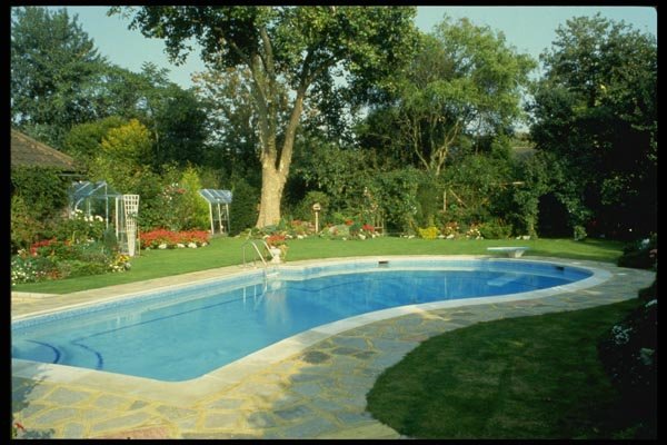 131029 Swimming Pool With Beds Of Annuals A4 Photo Print