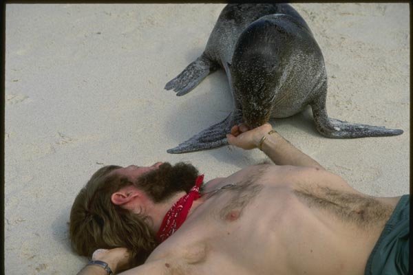 139059 Man With Baby Sea Lion A4 Photo Print
