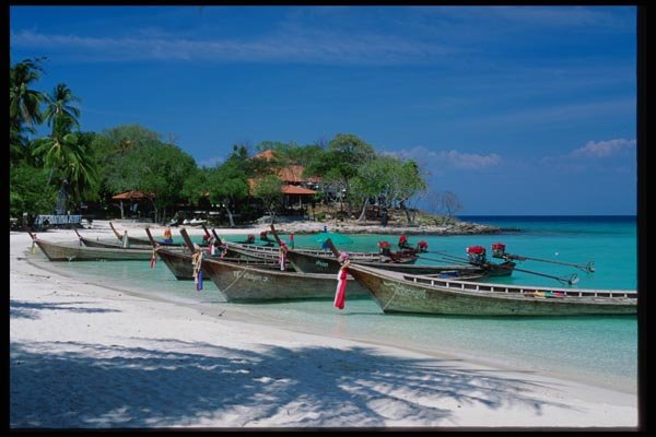 147099 Phi Phi Le Boats On Beach A4 Photo Print